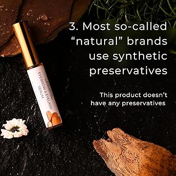 Growth serum with text about synthetic preservatives on a dark background