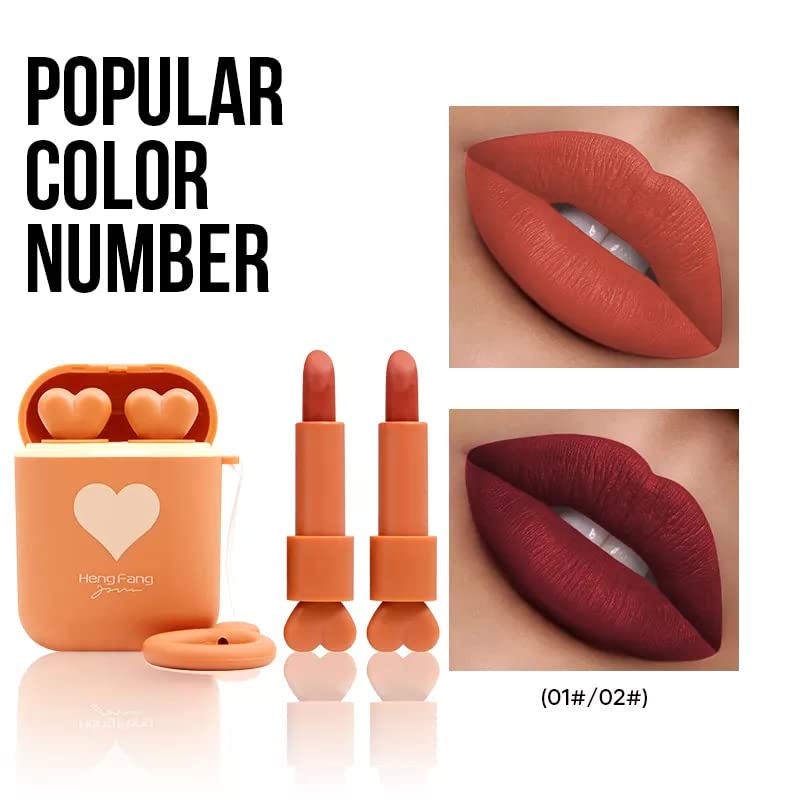 Orange lipstick set with heart design and close-up of lips wearing the color.