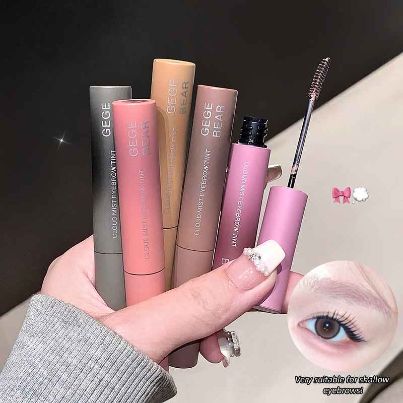 Hand holding GEGE BEAR eyebrow products with a close-up of an eye and text overlay.