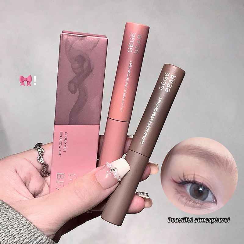 Eyebrow gel with 'GEGE BEAR' branding held by a hand, with an inset of an eye wearing the product.