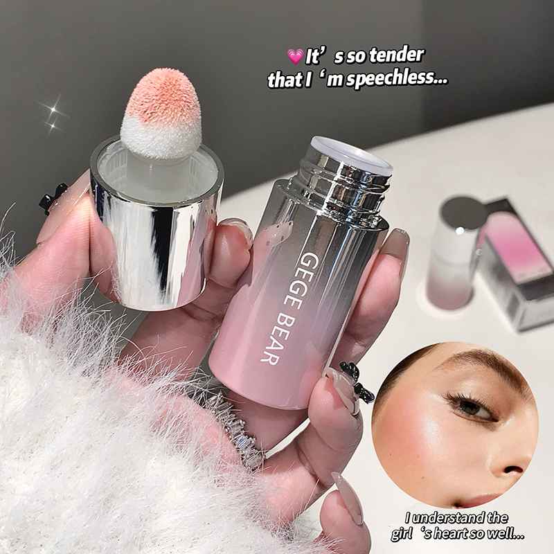 Hand holding a pink makeup blush with a fluffy applicator, surrounded by text and an inset of a person applying makeup.