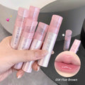 Hand holding multiple lip balm tubes with a close-up of lips wearing the product, labeled '05# Floe Brown'.