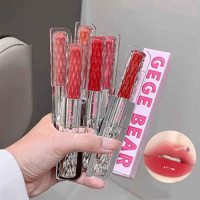 Hand holding red lip glosses with 'GEGE BEAR' packaging, close-up of lips shown.
