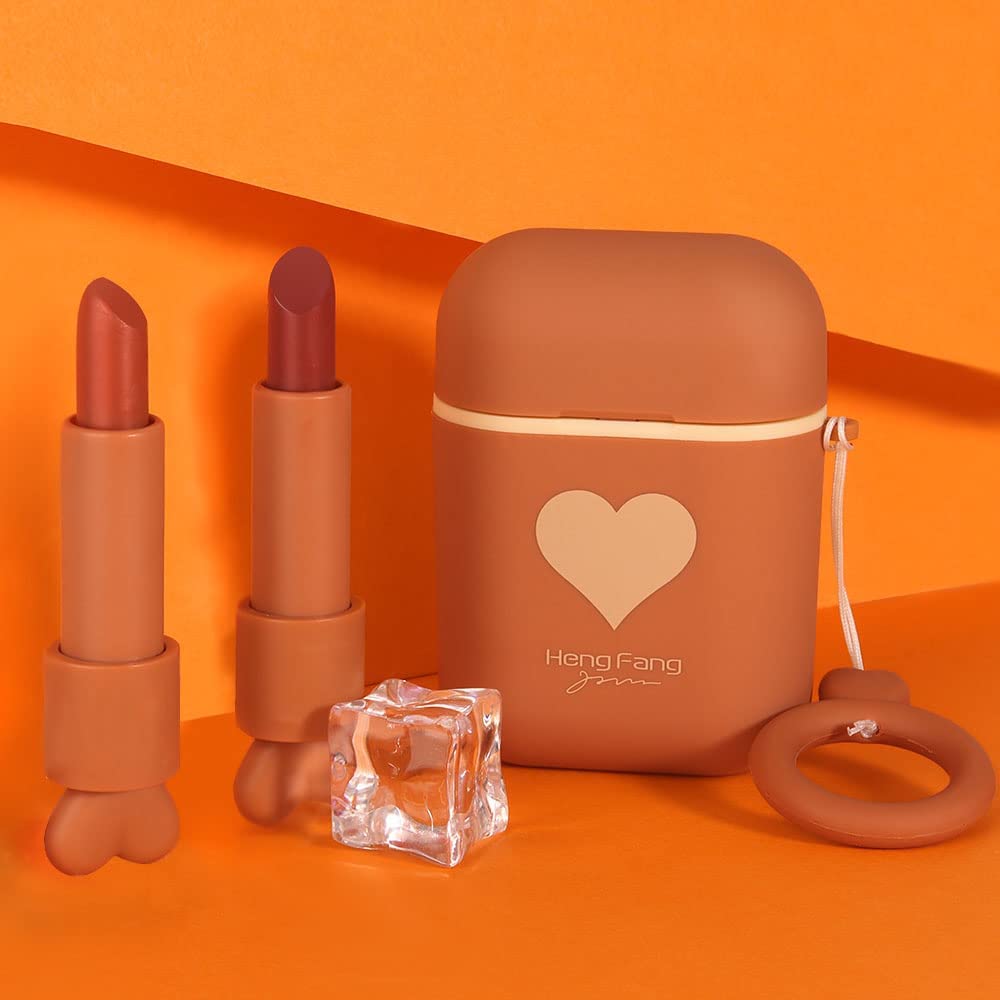 Set of brown lipsticks and a matching case with a heart design on an orange background