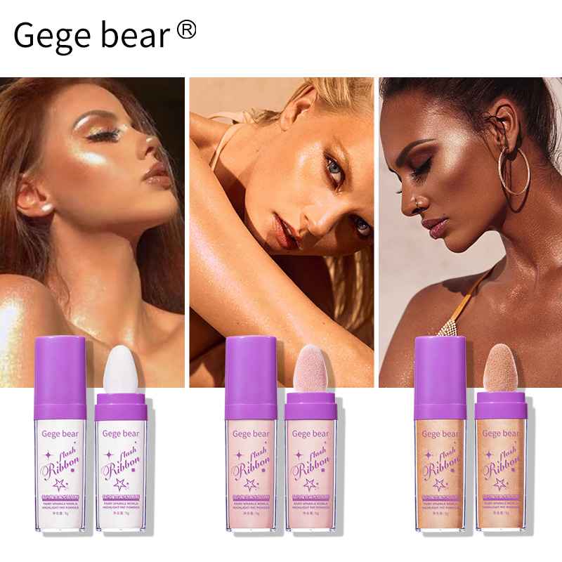 Collage of women with Gege bear makeup products displayed below.