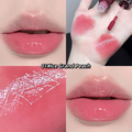 Collage of a pink lip color swatch, application on lips, and close-up of the color.