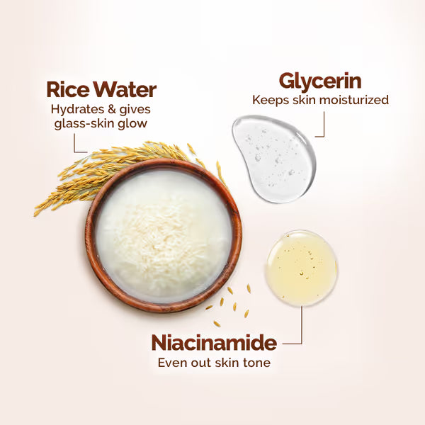 Ingredients for facewash with rice water, glycerin, and niacinamide on a light background