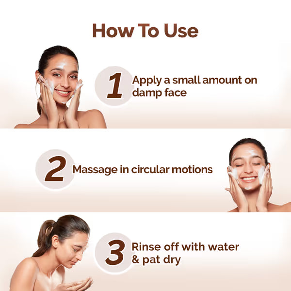 Instructions on how to use a facial product with a woman applying it to her face.