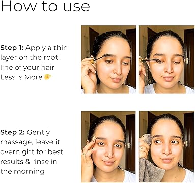 Instructions on how to use a product, shown with a person applying it to their hair.