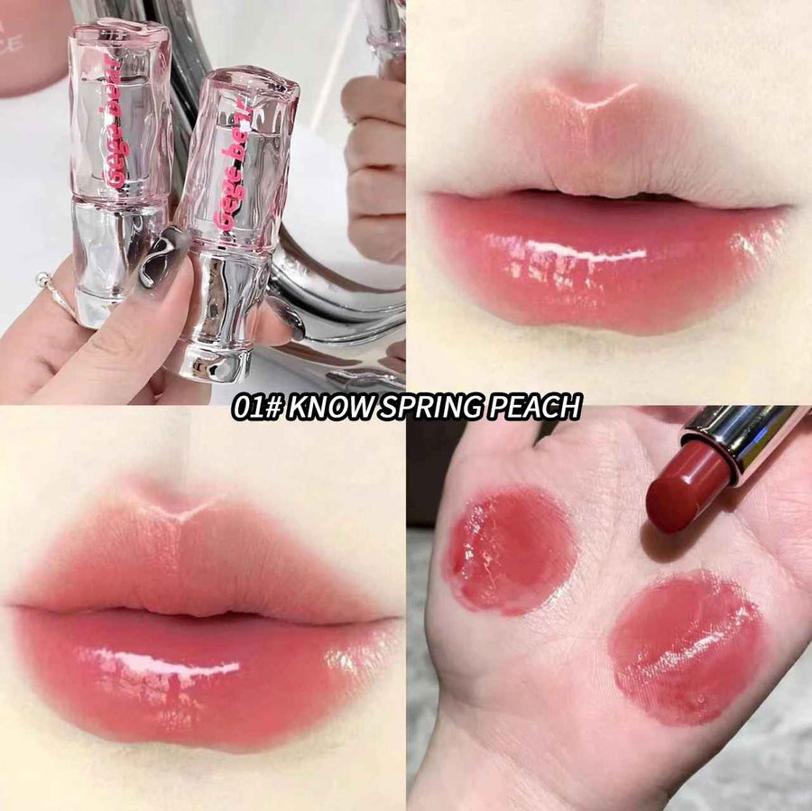 Lip gloss with packaging, applied on lips, and swatched on skin.