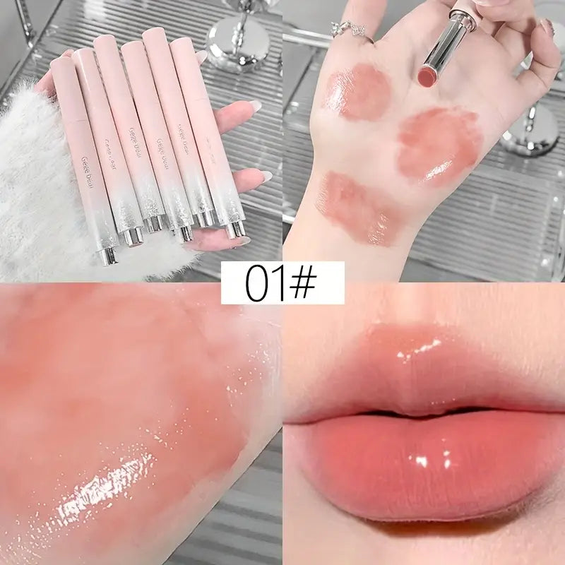 Set of lip gloss sticks with close-up shots on skin and lips, labeled '01#'.