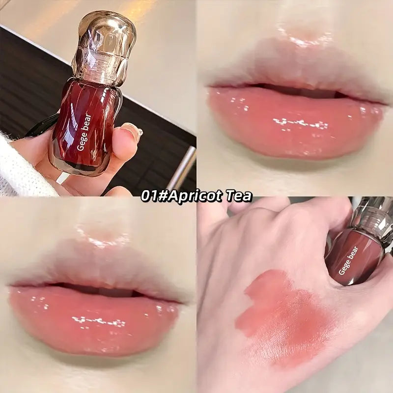 Collage of a lip gloss bottle, close-up of lips with the gloss, and a swatch on skin.