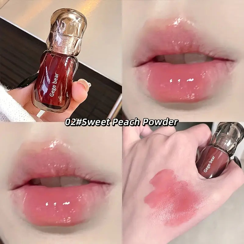 Lip balm with a gold cap labeled 'Gege Bear' in a close-up, applied on lips and swatched on skin.