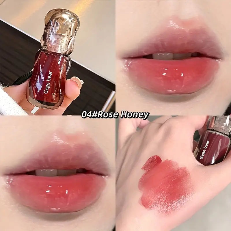 Lip Gloss  with 'Gege Bear' branding, shown on lips and swatched on skin.