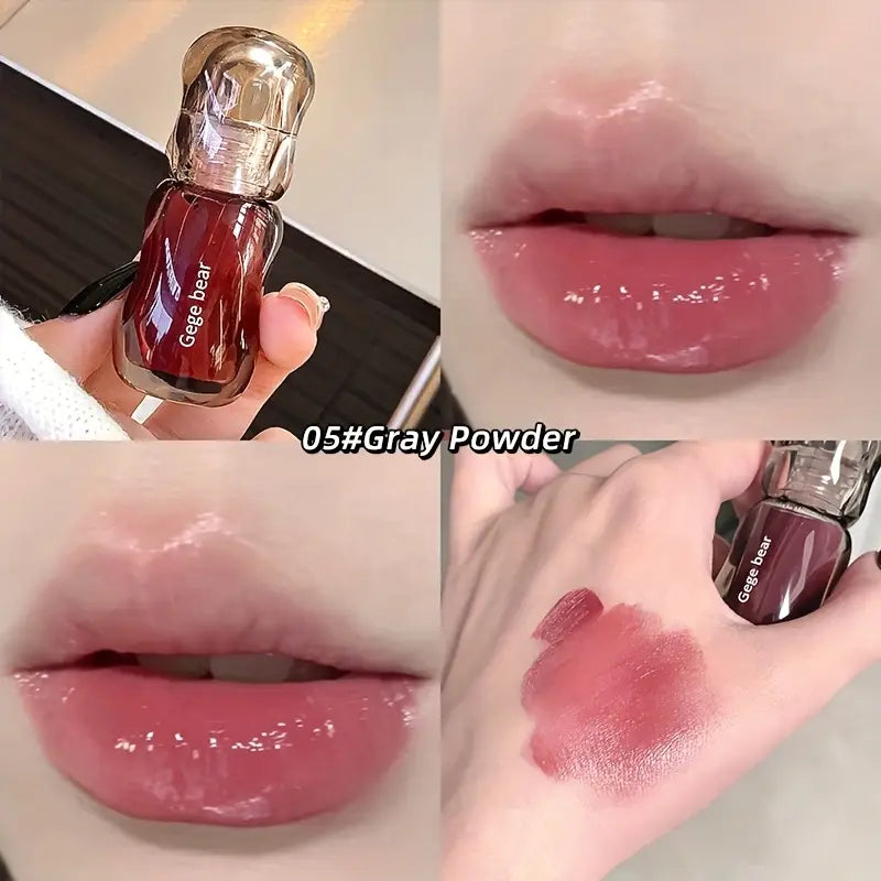 Lip Gloss with 'Gege Bear' branding, applied on lips and swatched on skin.