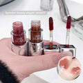 Lip Gloss with 'GEGE BEAR' branding held by a hand, with a peach and text overlay on a blurred background.