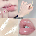 Collage of a person applying lipstick, close-up of lips with gloss, and lipstick on skin.