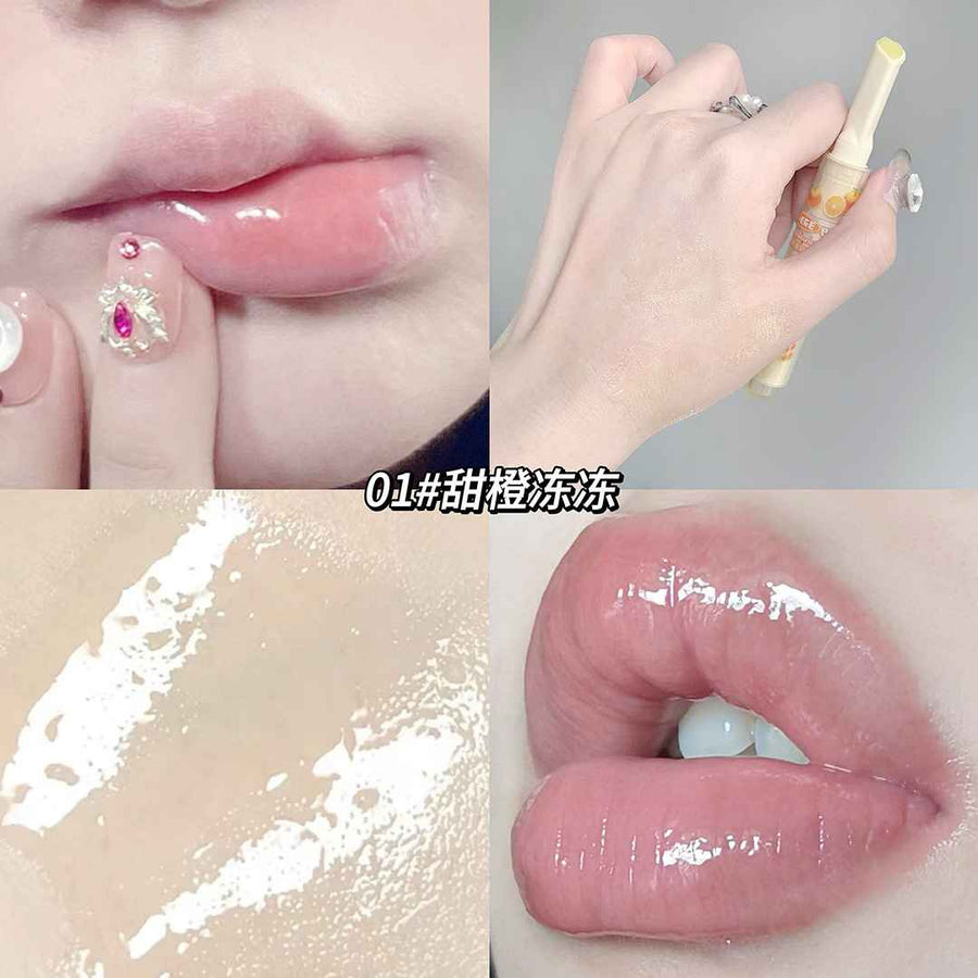 Collage of a person applying lipstick, close-up of lips with gloss, and lipstick on skin.