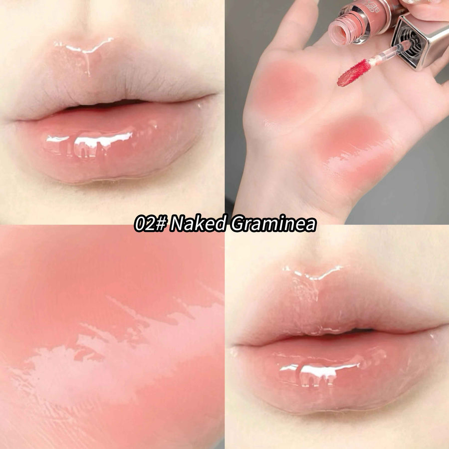 Lip gloss swatch on skin with '02# Naked Graminea' label
