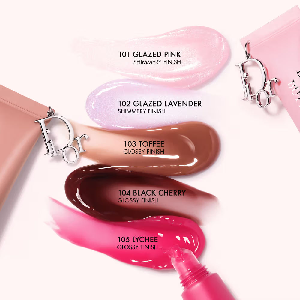 Lip gloss swatches in various colors with labels on a white background