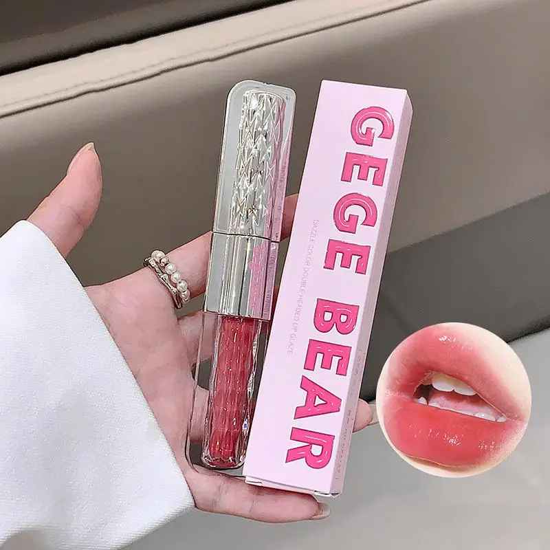 Lip gloss with pink packaging labeled 'GEGE BEAR' held by a hand, with a close-up of lips wearing the gloss.