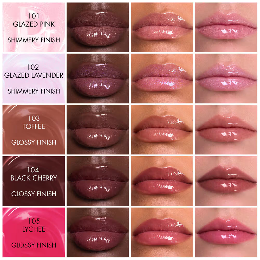 Lipstick color swatches with shades 101 Glazed Pink, 102 Glazed Lavender, 103 Toffee, 104 Black Cherry, and 105 Lychee on a pink background.