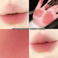 Lipstick shade swatch labeled '03# Early Spring Cherry Powder' applied on a hand and shown on lips.