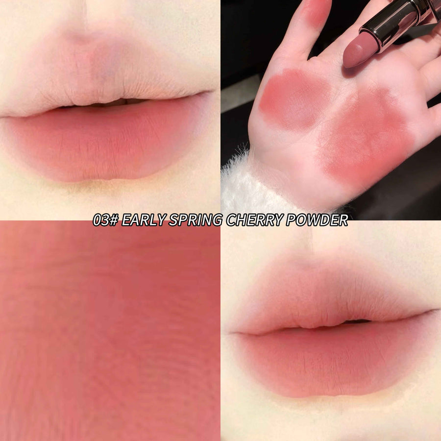 Lipstick shade swatch labeled '03# Early Spring Cherry Powder' applied on a hand and shown on lips.
