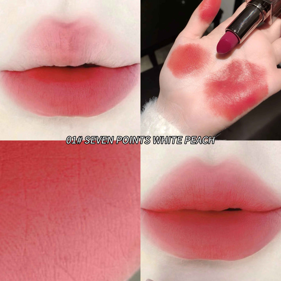 Lipstick swatch on lips with 'Seven Points White Peach' color name.