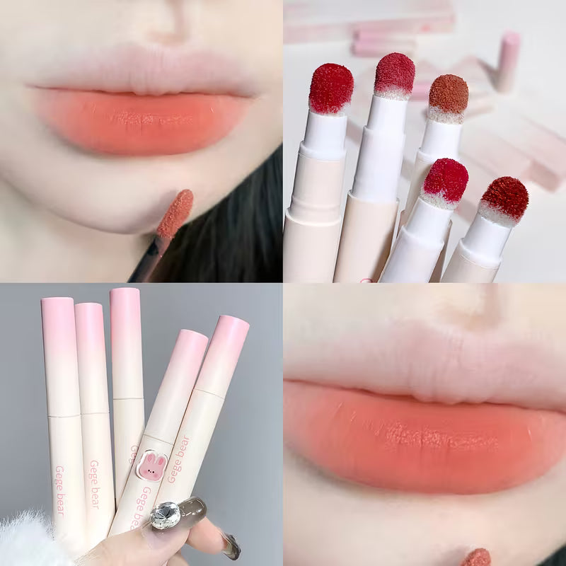 Gege Bear lipstick in sleek, stylish packaging, shown with the cap removed to reveal the smooth, richly pigmented lipstick bullet.”