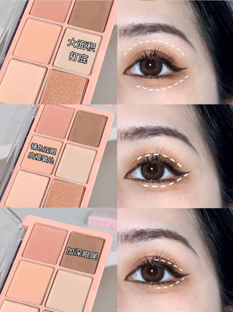 Makeup Eye-shadow palette with eye makeup application steps on a person's eyes.