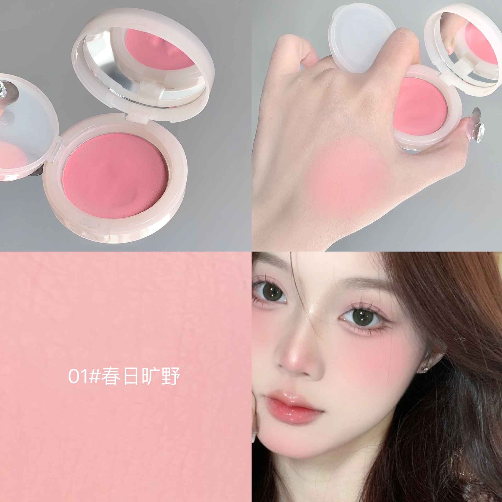 Makeup compact with pink blush, hand application, and close-up of a person wearing the blush.