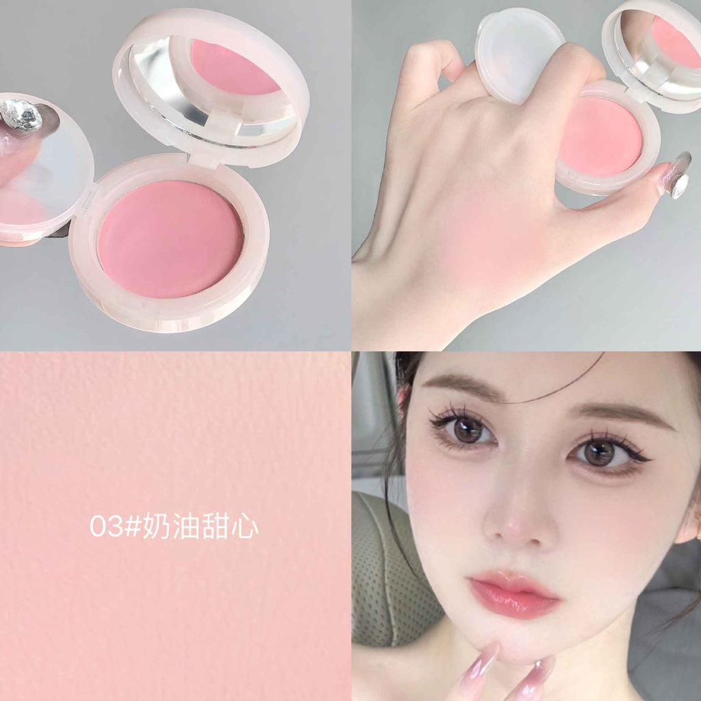 Collage of a pink blush compact, being applied, and a close-up of a person wearing it.