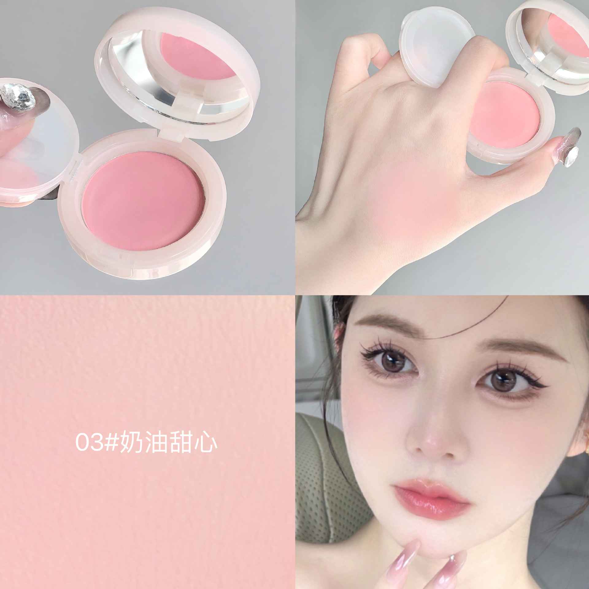 Collage of a pink blush compact, being applied, and a close-up of a person wearing it.