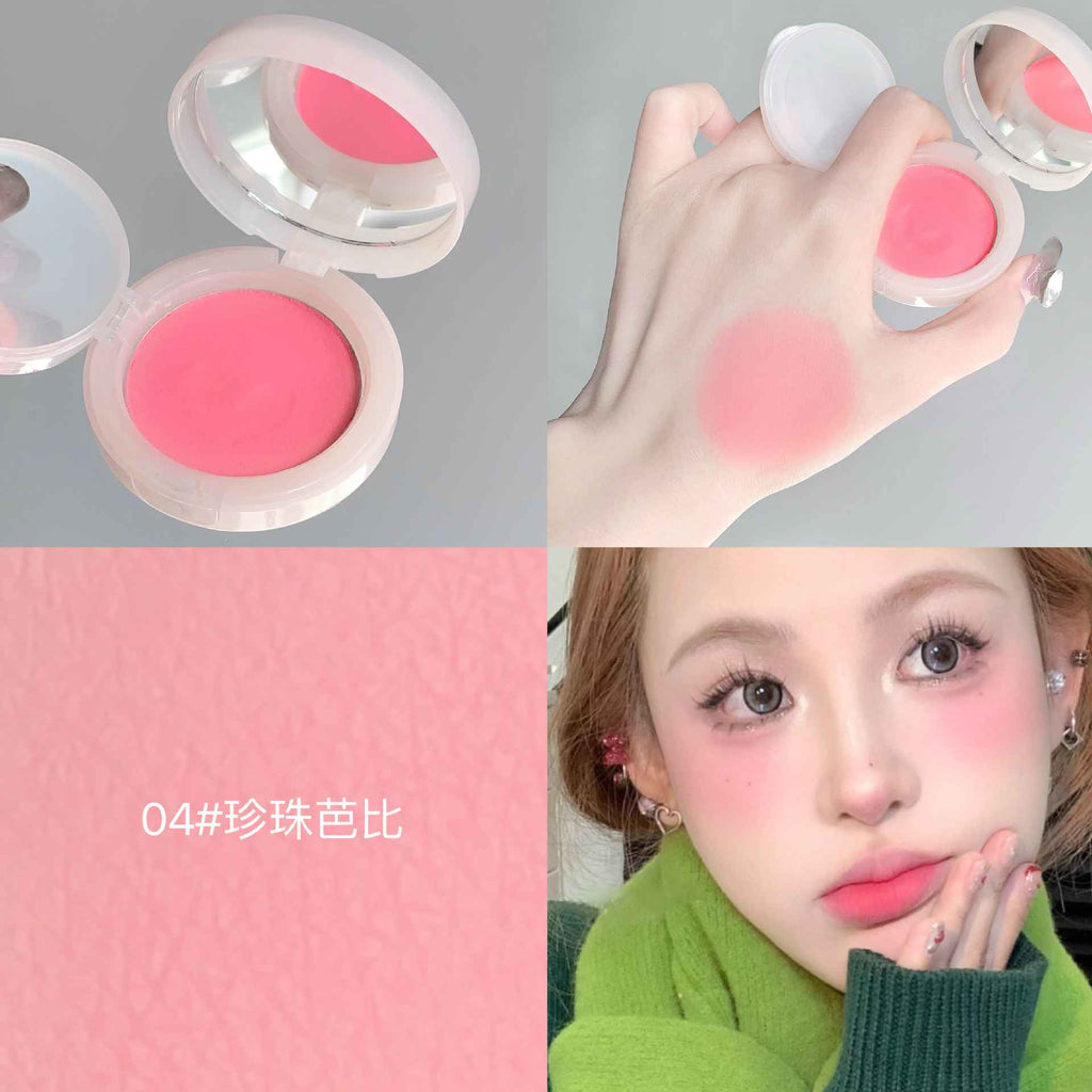 Collage of a pink makeupblush, close-up application, color swatch, and a person wearing it.