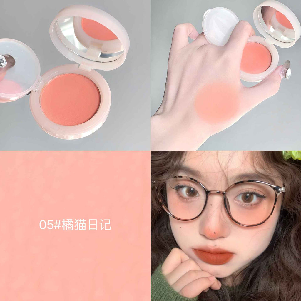 Makeup blush with a compact case, close-up of product, color swatch, and a person wearing the makeup.