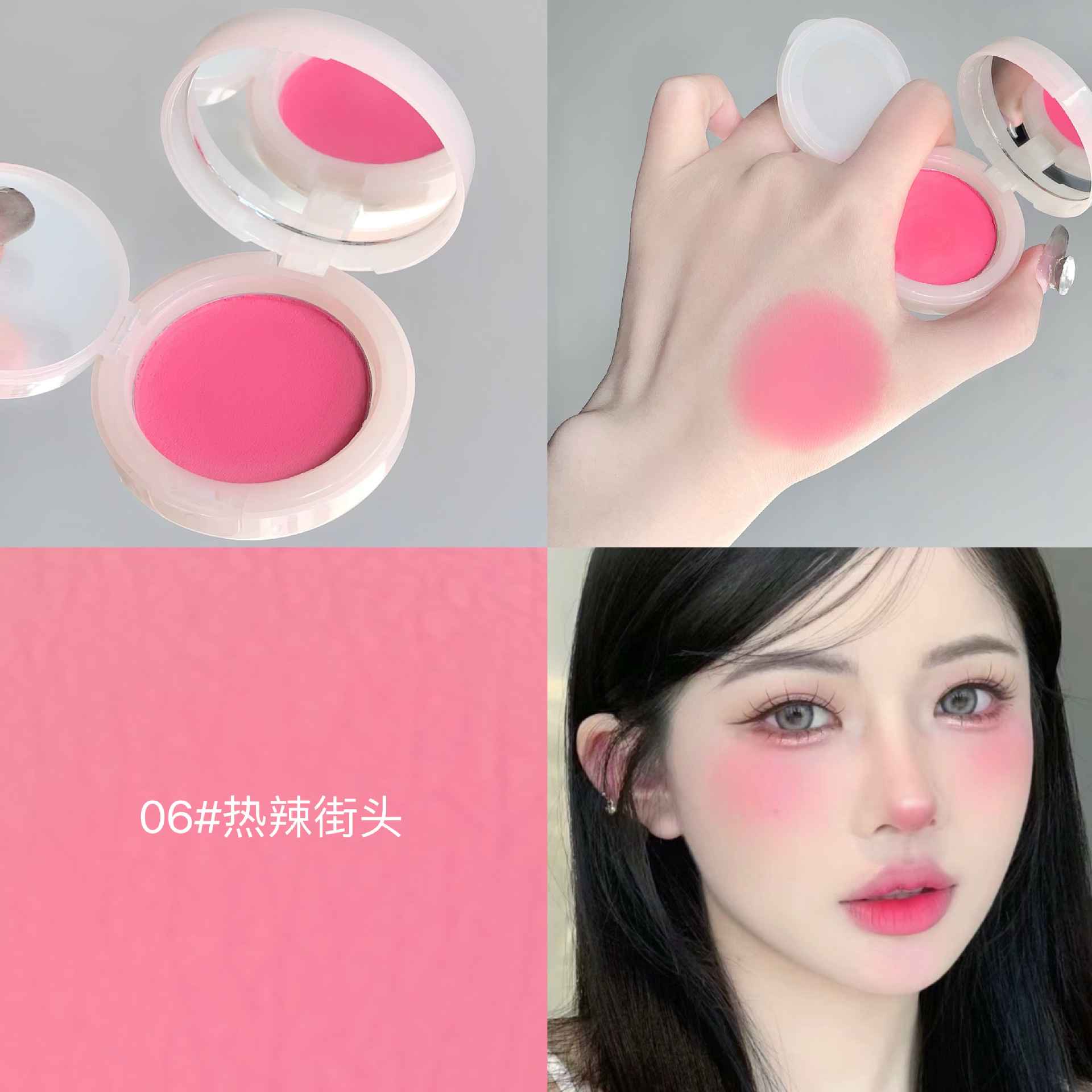 Makeup blush with pink shade, open case, hand application, color swatch, and model wearing the product.