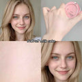 Collage of a woman with makeup, a pink blush , and close-up of makeup texture.