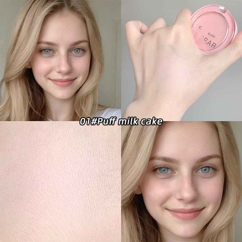 Collage of a woman with makeup, a pink blush , and close-up of makeup texture.