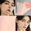Makeup blush with close-up of a woman's face and swatch on skin.