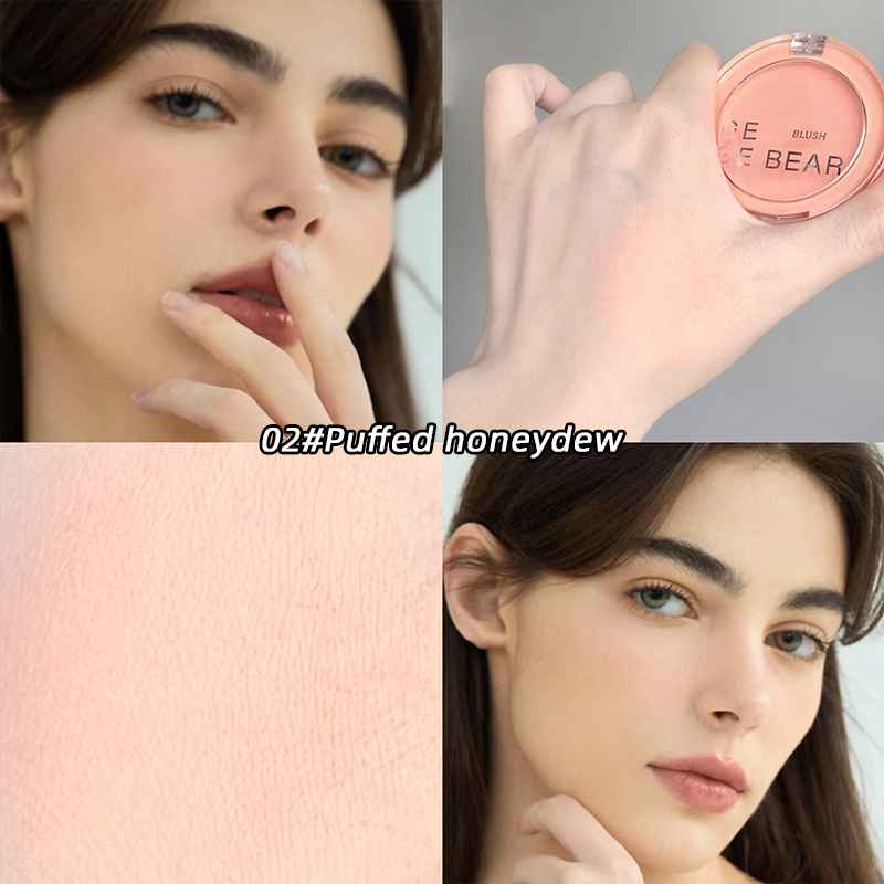 Makeup blush with close-up of a woman's face and swatch on skin.