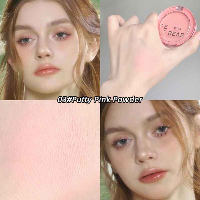 Collage of a person with pink blush and close-up of the blush color.