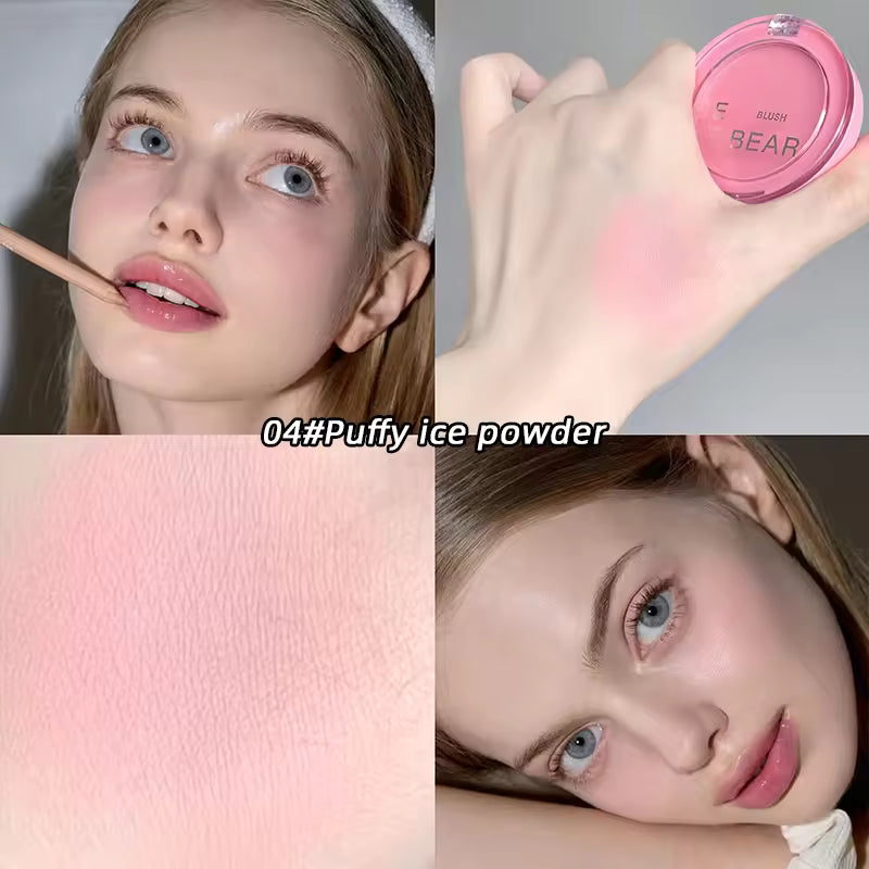 Makeup product with close-up of application on skin and color swatch.