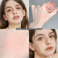 Makeup product with close-up of a woman's face and color swatch.