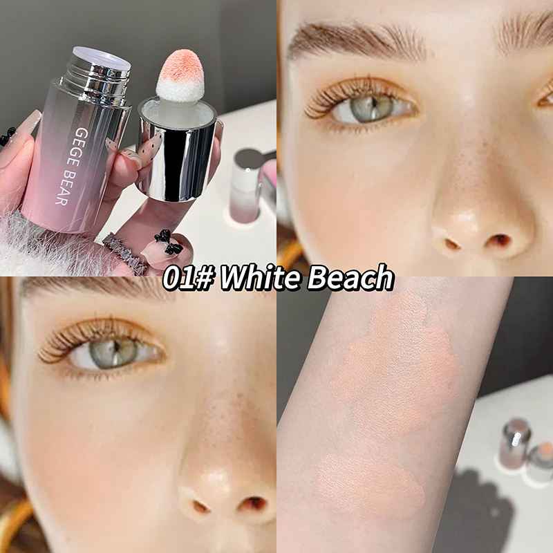 Makeup blush with applicator, close-up of eyes, and swatch on arm labeled '01# White Beach'.
