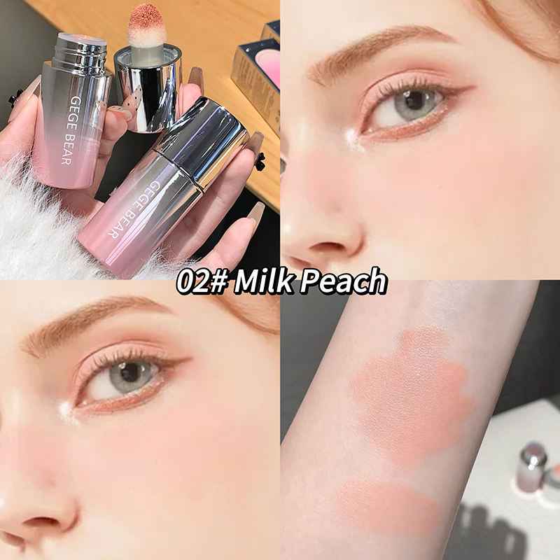 Makeup products with '02# Milk Peach' color swatch on skin