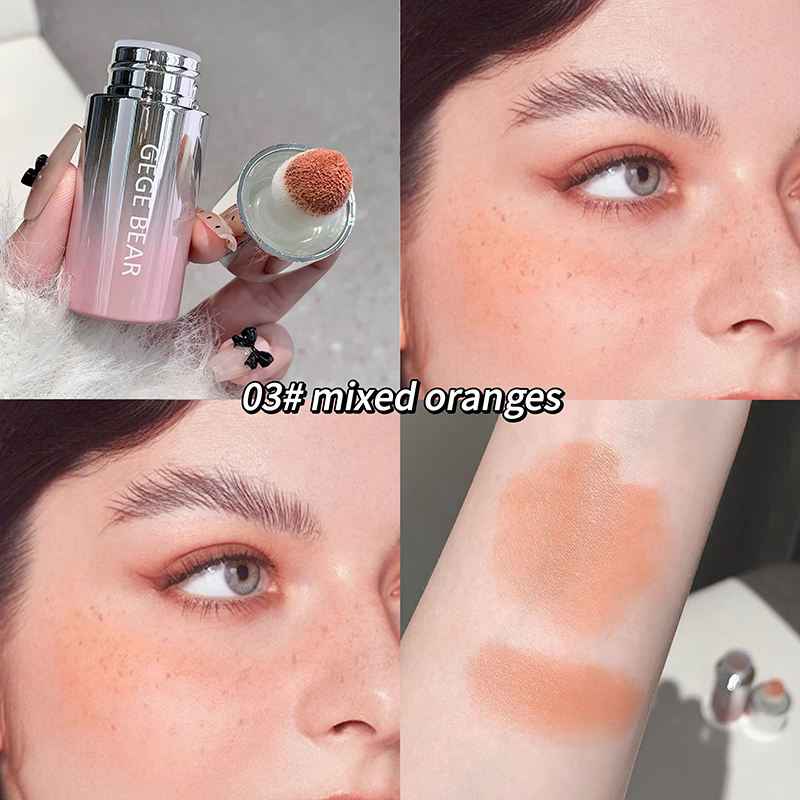 Makeup product with brush, application on face, and swatch on arm labeled '03# mixed oranges'.