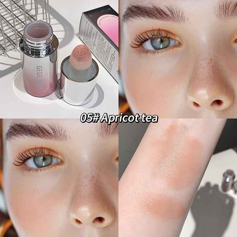 Makeup product with applicator and close-up of color swatch on skin, labeled '05# Apricotte tea'.