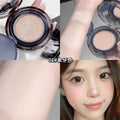 Makeup cushion foundation with beige powder, arm swatch, and close-up of a person wearing the makeup.