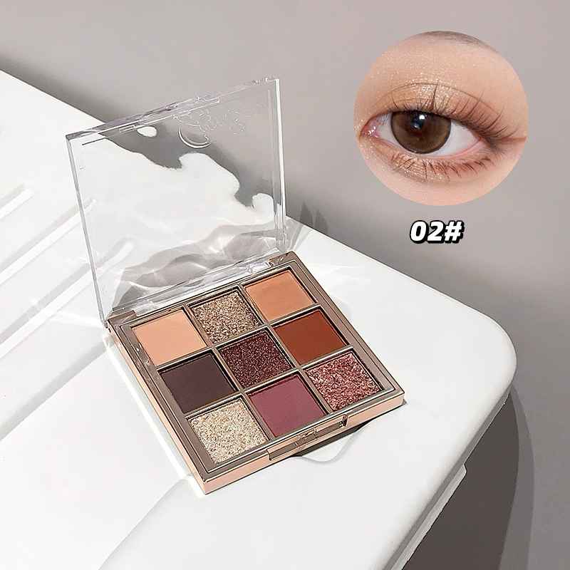 Makeup eyeshadow palette with a close-up of an eye wearing the color 02#.